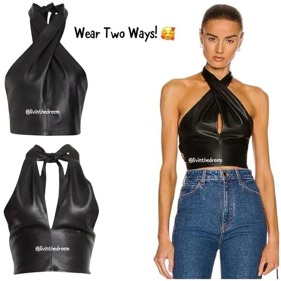STAUD Tops - #T188 STAUD Kai Cropped Vegan Leather Halterneck Top Black SIZE 6 NWT $198